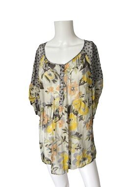 Edme & Esyllte Anthropologie Sheer Silk Blouse Gray Yellow Floral Womens Size 8